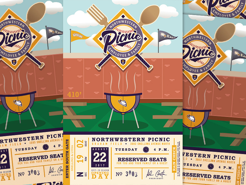 UNW Picnic Postcard Invitation spoon fork badge logo print postcard grill baseball picnic college