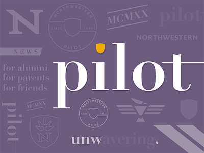 "Pilot" magazine masthead & brand elements for UNW didot eagle masthead purple shield university wordmark