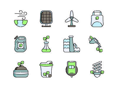 Sustainable Energy Icon Set 🌐 business climate earth eco ecology electric electricity energy environmental factory flat icon icon icon design industry leaf light nature plant power vector