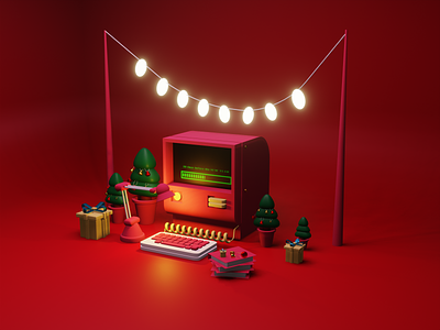 Happy new year 2022 is coming... 2022 3dblender 3dillustration 3dlight 3dmodeling 3dobjects atmosphere cozy gift happynewyear holiday hutcko merry christmas new year oldcomputer oldpc red stylish trees winter trees