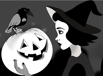 Pumpkin Halloween and Kind Witch adobe illustrator black white cartoons fairytale illustration kind witch lady lovely pumpkin story