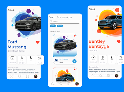 Car rental application app bottom nav car card filters icon search ui ux