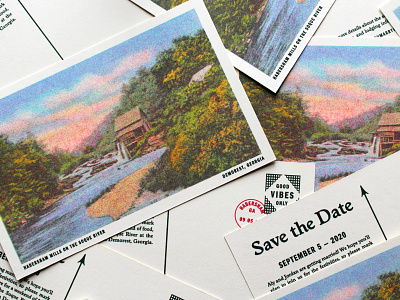 Save the Date design invitation invite postcard risograph river save the date stamp wedding