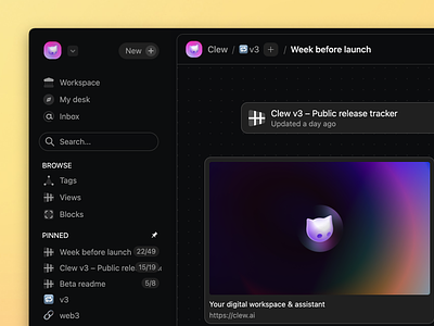 Clew: View embeds and dark theme clew design desktop ui workspace