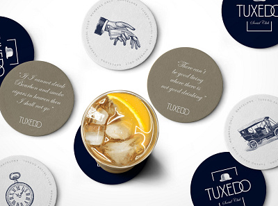 Tuxedo Social Club branding coasters cocktail design elegant identity illustrations logo secret