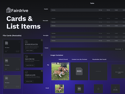 Fairdrive Design System - Cards and List items atomic design blockchain branding dark theme design system developer guide ethereum logo molecules style guide ui