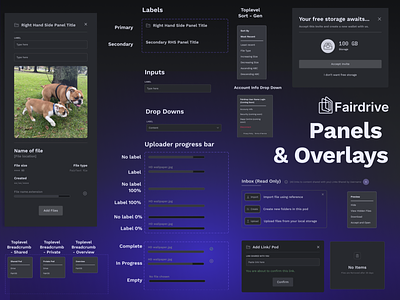Fairdrive Design System - Panels and Overlays atomic design blockchain branding dark theme design system ethereum image containers navigation panels rhs right hand side panel style guide tabs ui