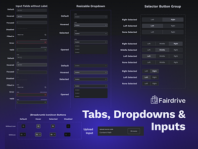 Fairdrive Design System - Tabs, Dropdowns and Inputs atomic design blockchain branding design system dropdown ethereum inputs logo marketing collateral style guide ui vector