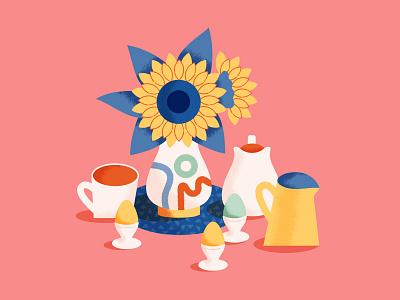 Brunch with Sunflowers breakfast brunch coffee digital illustration egg cups illustration sunflowers tea vase