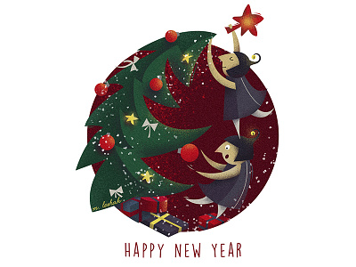Happy New Year art elfs gifts illustration tree