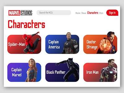 Marvel Characters UI avengers concept design desktop illustraion interface marvel marvel studios ui ui design web web concept web design web ui website