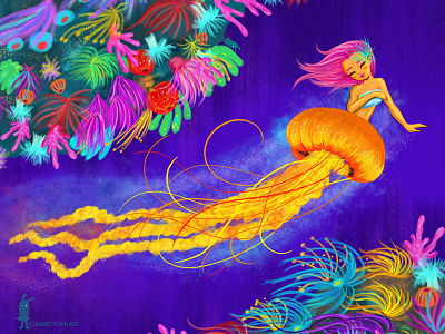 Jellyfish Mermaid aqua digital illustration jellyfish marta tesoro mermaid ocean orange photoshop pink rabbittownart sea