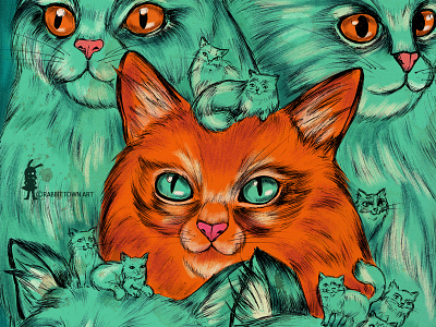 Kitty Madness cat cats green hand drawn illustration kitties kitty marta tesoro orange rabbit town art surreal traditional