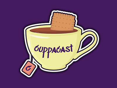 cuppacast art biscuit cartoon character coffe cup cup of coffee cup of tea cuppa design logo logodesign minimal podcast purple sticker tea typography yellow