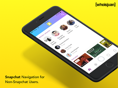 Snapchat Navigation for Non-Snapchat Users. duotone gradient mobile mobile-ux navigation snap snapchat tab bar ui user-experience ux yellow