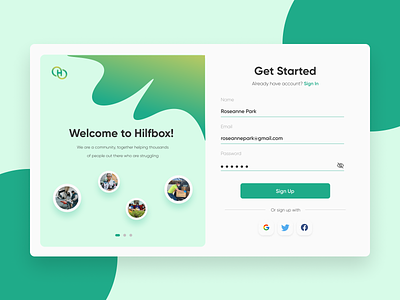 Daily UI #001 - Hilfbox Sign Up Page 001 challenge clean comunity daily dailyui dailyuichallenge design form green login minimalist sign in sign up trend ui uidesign ux web