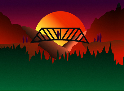 sunset bridge 2d adobe artoftheday bridge creative digitalart gradient graphic graphic design graphicdesign green illustration illustrator mountains simple sketch sunset