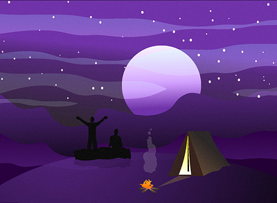 camping 2d abstract adobe artoftheday camp campfire creative design fire flat graphic graphicdesign illustration illustrator moon night purple stars tent vector