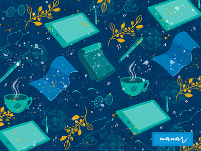 Pattern design art blue books coffee design illustration pattern