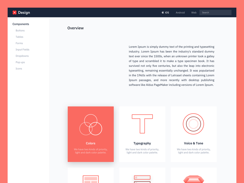 Design Language System (WIP) sketch library typography colours voice and tone sidebar cards overview welcome web mobile design system dls