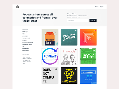 Layer.Fm cards categories design development landing page layout minimal podcast singapore tags