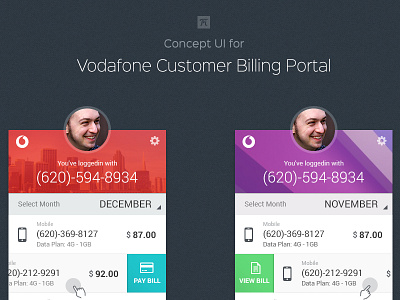 Concept Design for Vodafone bill billing portal customer billing portal mobile mobile ui post login ui vodafone