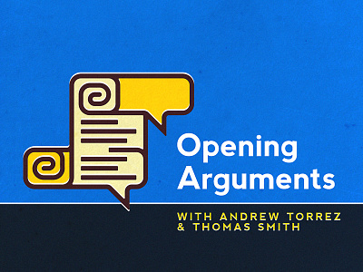 'Opening Arguments' Podcast bubble icon logo minimal offset paper podcast retro scroll speech