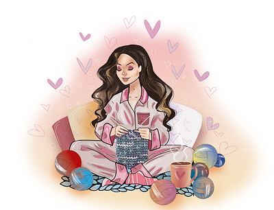 девочка brunette girl illustration knit knitting pijama pretty