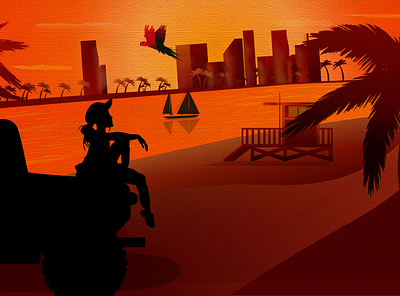 Tropical sunset landscape boat car girl graphicdesign illustration langscape logo ocean palms parrot sunset texture textured trendy tropical tropics vector