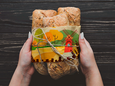 Bread packaging design bread cartoon country design fence graphic graphicdesign hands illustration logo mill mockup product design texture textures trees trendy vector