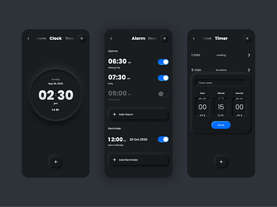 Clock UI alarm app app design application clock design designer figma mobile app design mobile ui neumorphic timer ui uidesign