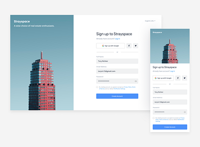 Strayspace - Sign up clean concept design flat icon interface minimalism real estate responsive sign up simplicity sleek typography ui ux web design