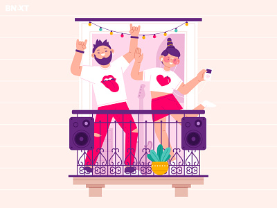 Stay home. Part 1 balcony cat character digital art funny hobby home illustration man music people quarantine vector woman