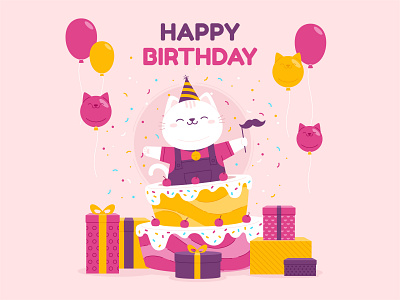 Happy birthday balloon cake cat character cute funny happy birthday illustration pet postcard vector