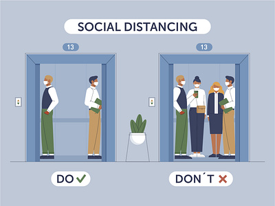 Social distance character design elevator epidemic illustration man management people social distance social distancing vector woman womans women
