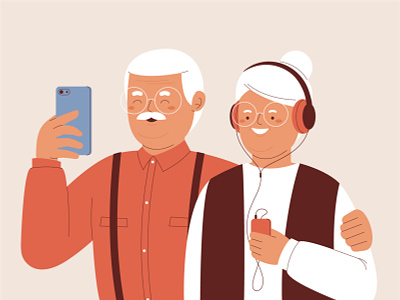 Seniors using technology character cute digital digital art funny illustration phone seniors tecnology vector