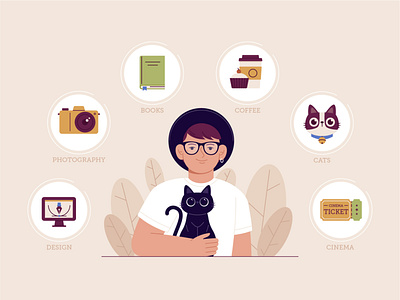 About me about me badges book cat character coffee cute design funny icon illustration man pet vector