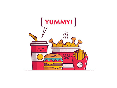 Yummy! burger chicken fast food food french fries fries icons illustration linear red soda vector