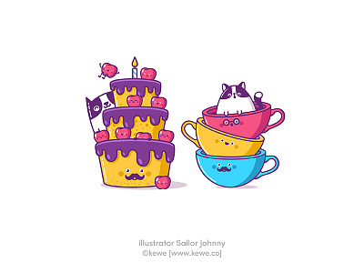 Sweet cats animals birthday cake cat characters coffee funny illustration stickers sweet food tea vector