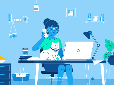 Work day 2d cartoon cat character digitalart illustration office vector women work