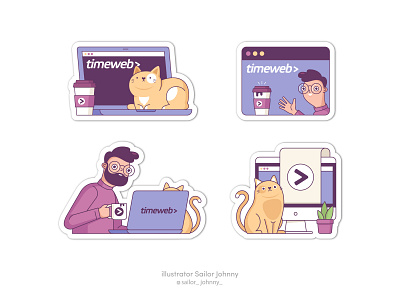 Stickers for TimeWeb badges cartoon cat character color cute digital illustration internet it man pet stickers vector web work