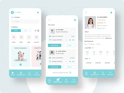 Doctor Consultations App buttons cards categories concept content switcher doctor app figma home page mobile app online consultations poppins profile page ui colors ui design ui theme ux design
