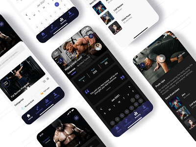 Workout Universe, home gym app calendar pick cards category cards concept dark and light theme figma inter font kpi mobile app modals navigation online exercise quotes ui colors ui design ui themes ux design video play video training workout app