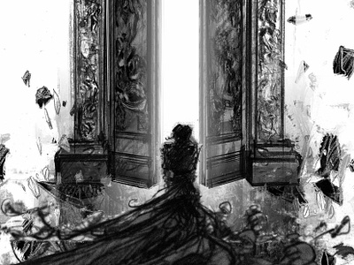 Artwork for the novel Mademoiselle C. artwork black and white gate hell illustration novels pencil project rough sketch theatre woman woman illustration