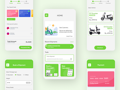 Adopt EV - Electric Vehicle based Delivey app app card ui clean delivery app design flat green ui icon payment app scooter ui ux vehicle design