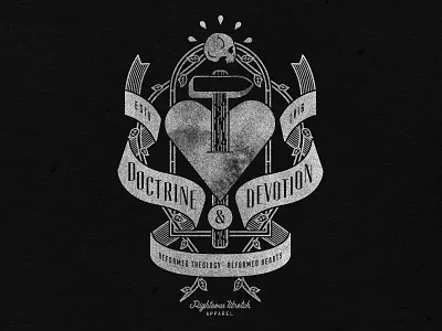 Doctrine & Devotion badge banner graphic design hammer heart illustration podcast skull texture typography vines vintage