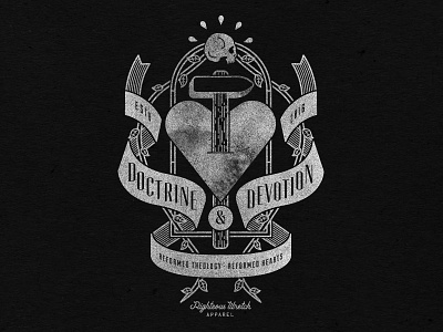 Doctrine & Devotion badge banner graphic design hammer heart illustration podcast skull texture typography vines vintage