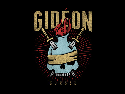 Cursed band blindfold design fire gideon illustration merch metal rays skull sword texture