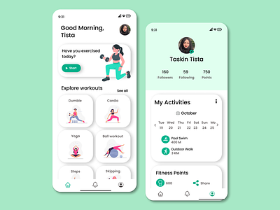 User profile for fitness app by Tajnuva Taskin Tahia Tista on Dribbble