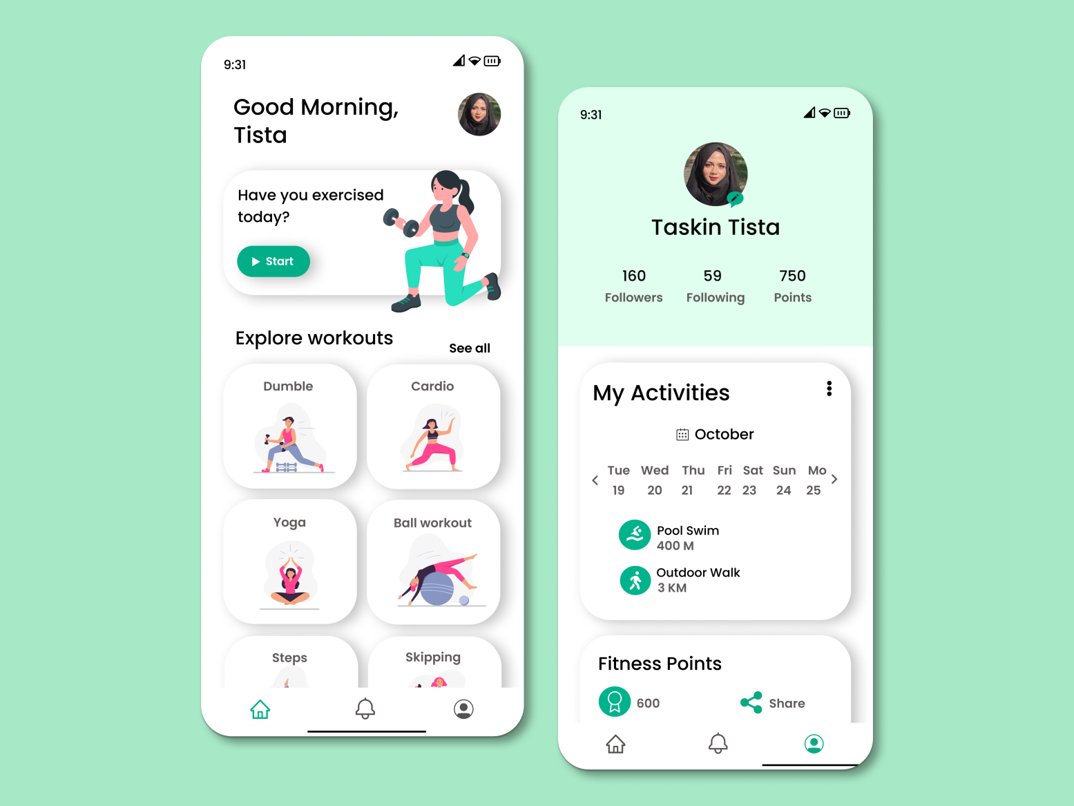 User profile for fitness app by Tajnuva Taskin Tahia Tista on Dribbble